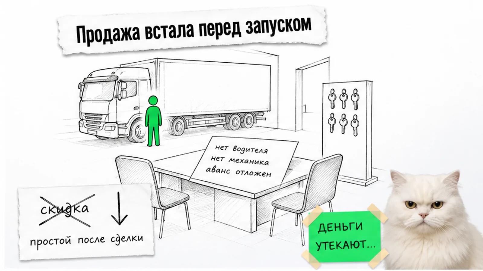 Пустой зал дилера с техникой, одним силуэтом и котом, который скептически смотрит на паузу в продаже.