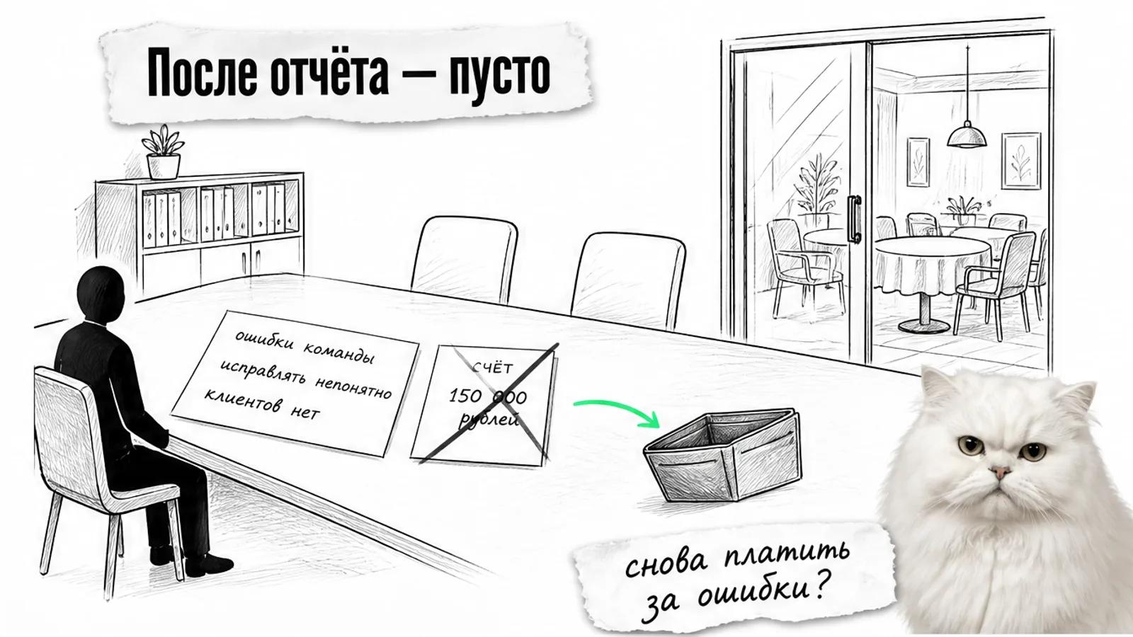 Пустая переговорная с отчётом аудита, счётом и одним силуэтом менеджера.
