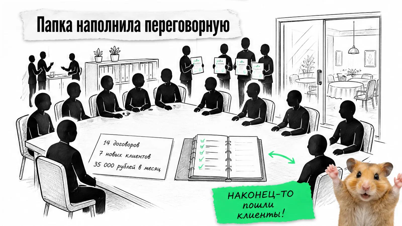 Та же переговорная заполнена силуэтами владельцев, рядом показаны 14 договоров и 7 клиентов.