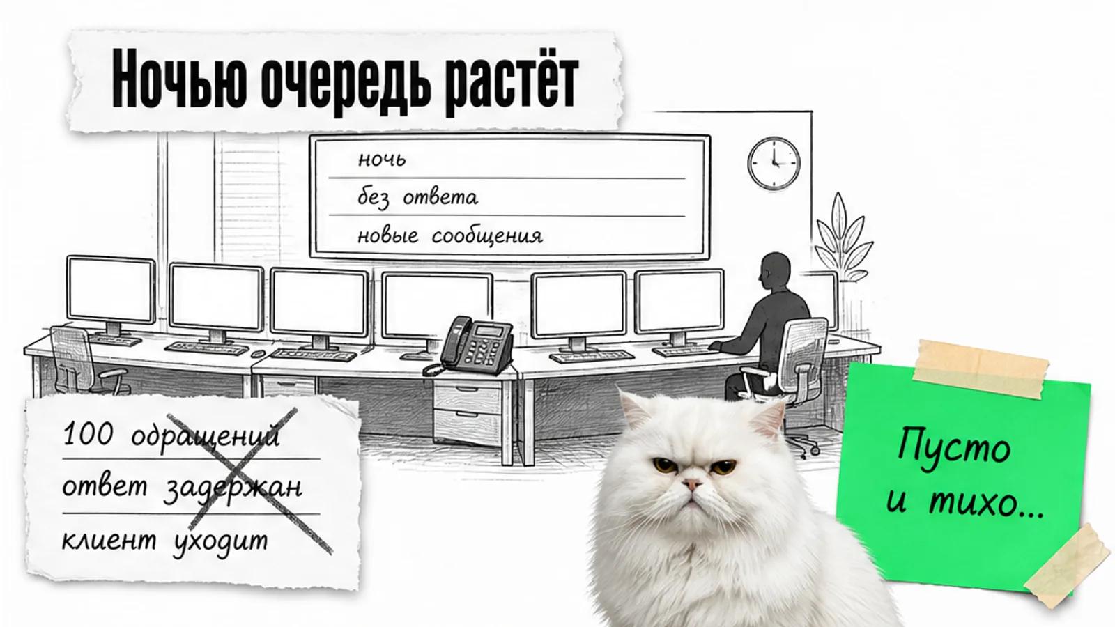 Пустой ночной экран контакт-центра с очередью чатов и одним силуэтом оператора