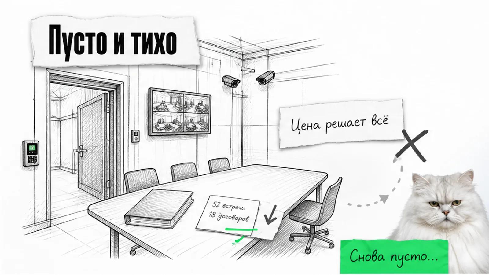 Пустой вход на производственную площадку с видеокамерой и столом переговоров, рядом скептичный кот.