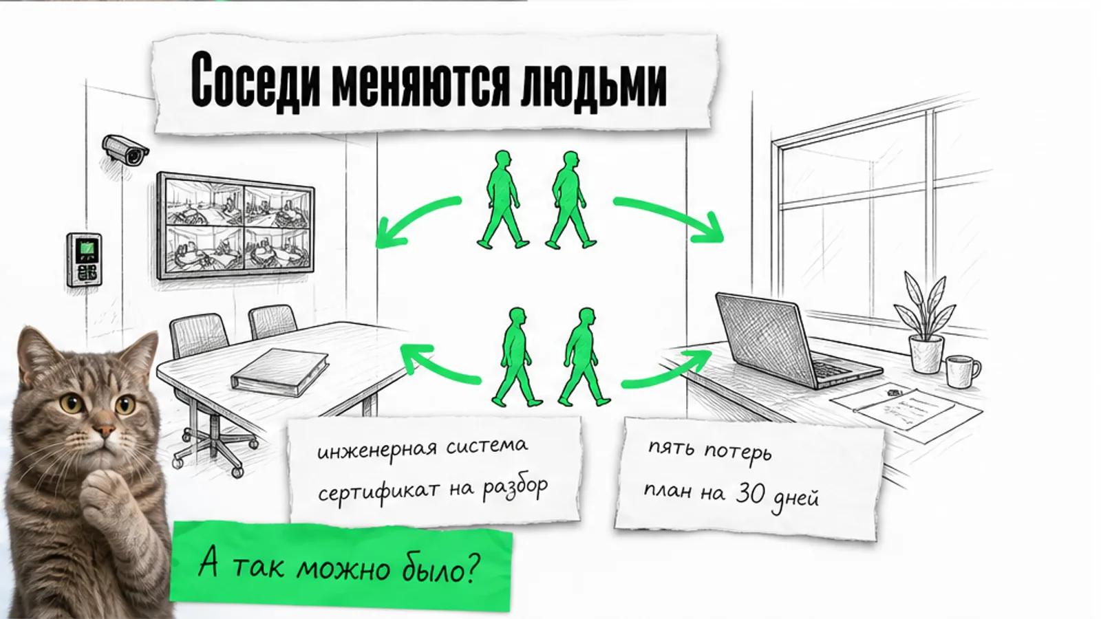 Интегратор и внедренческая компания обмениваются клиентами по зелёной стрелке, рядом задумчивый кот.