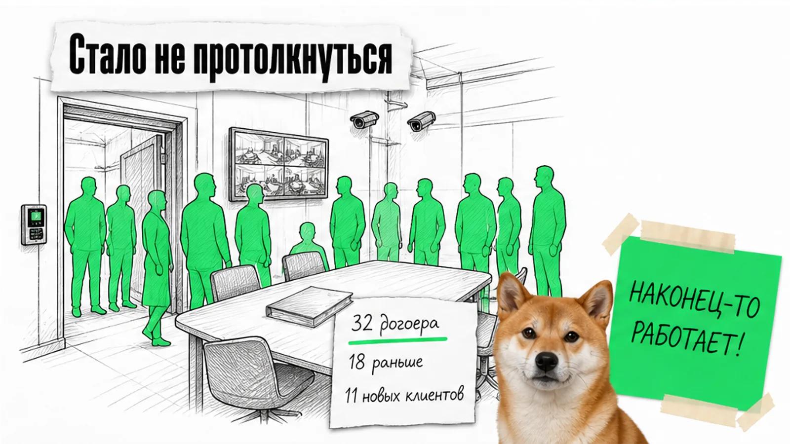 Тот же вход теперь заполнен людьми, рядом спокойный сиба-ину и карточка с результатами.