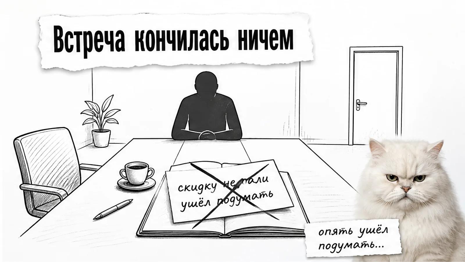 Пустая переговорная: договор и счёт на столе, стул владельца пуст, рядом насупленный белый пушистый кот.