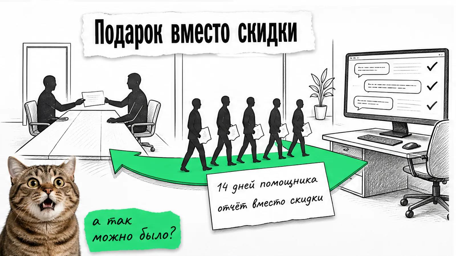 Владельцы с сертификатом идут от консультантов к экрану с перепиской по зелёной стрелке, рядом изумлённый кот.