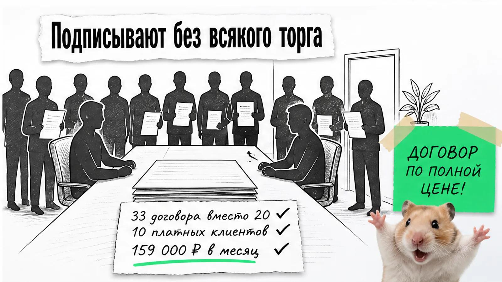 Та же переговорная полна владельцев, на карточке 33 договора и 10 клиентов, рядом хомяк с поднятыми лапами.