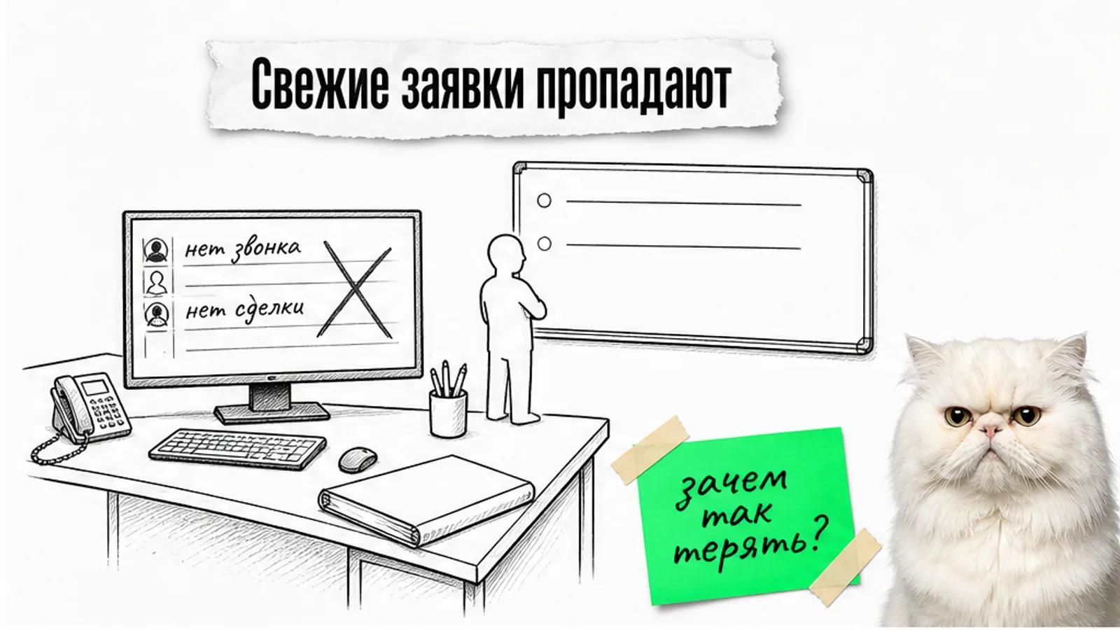 Пустой отдел продаж с телефоном, таблицей и одним силуэтом, рядом скептичный кот