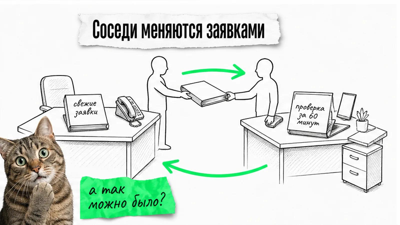 Агентство и аудиторы передают заявки по зелёной стрелке, рядом удивлённый кот