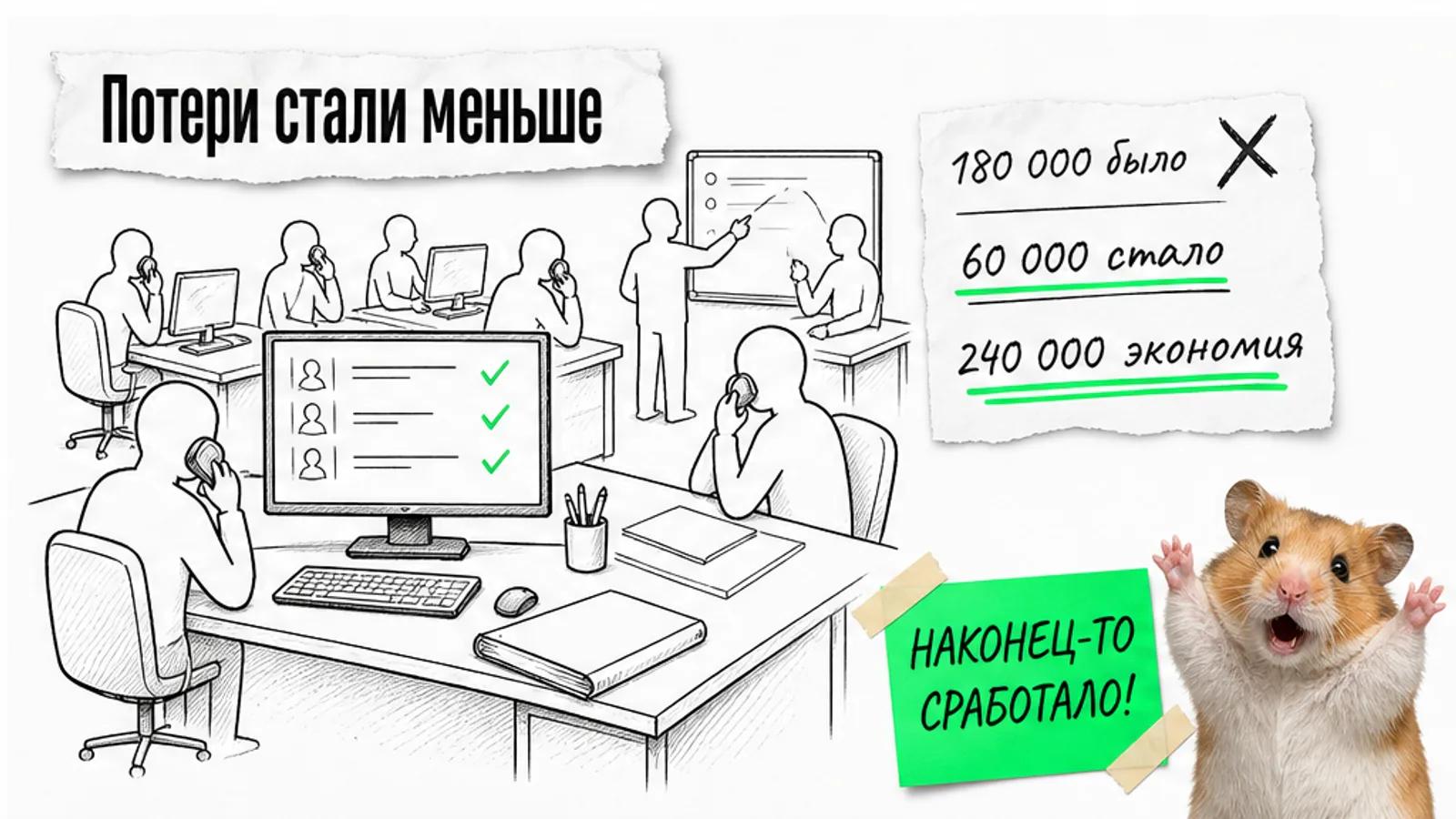 Тот же отдел продаж заполнен людьми, рядом показаны 60 000 и 240 000 рублей