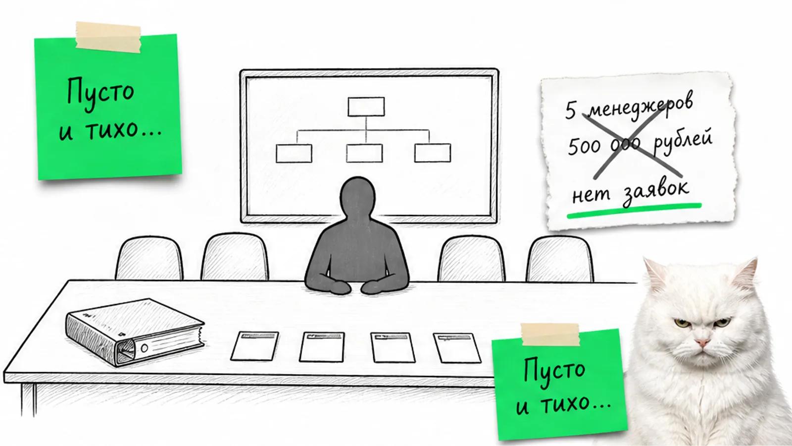 Пустая переговорная интегратора с одним владельцем, пятью пустыми стульями и расходами на отдел.
