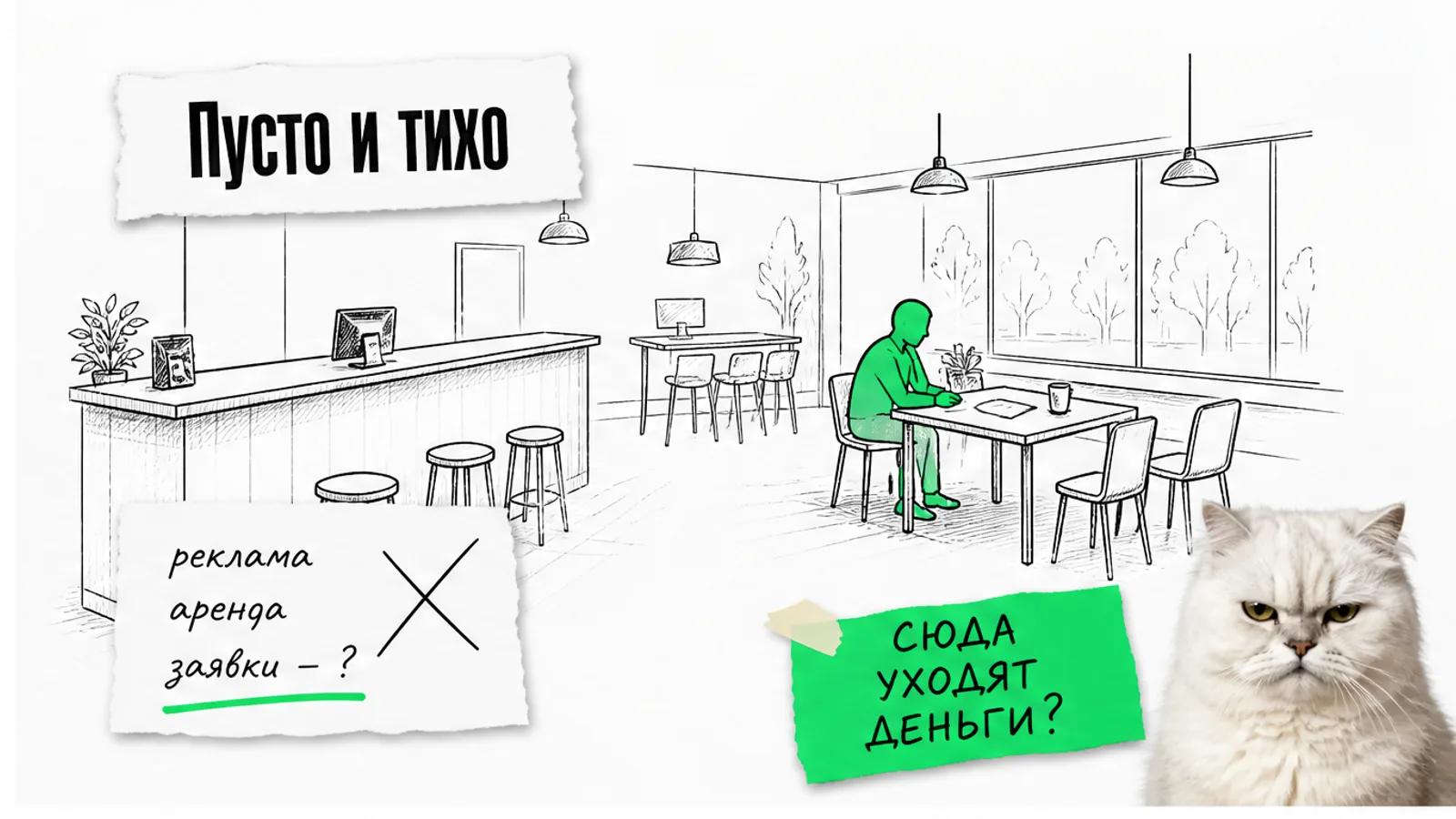 Пустое место коворкинга с одним владельцем магазина, расходами на рекламу и скептичным котом.