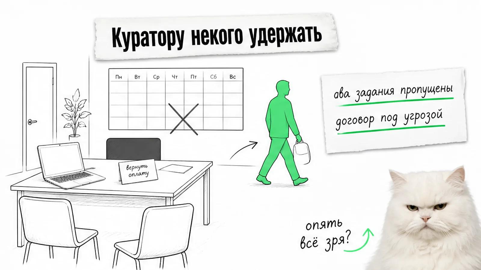 В комнате онлайн-школы студент уходит от пустого стола куратора, рядом скептически смотрит кот.