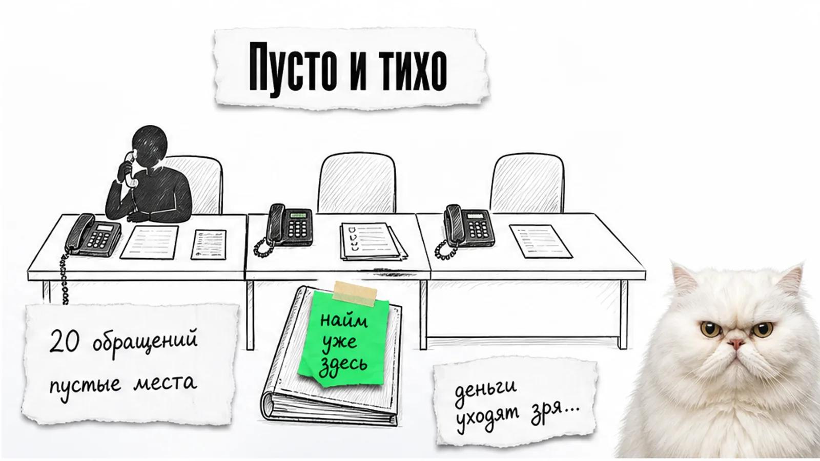 Пустой отдел продаж с одним силуэтом у телефона, папкой договоров и листом без обращений.