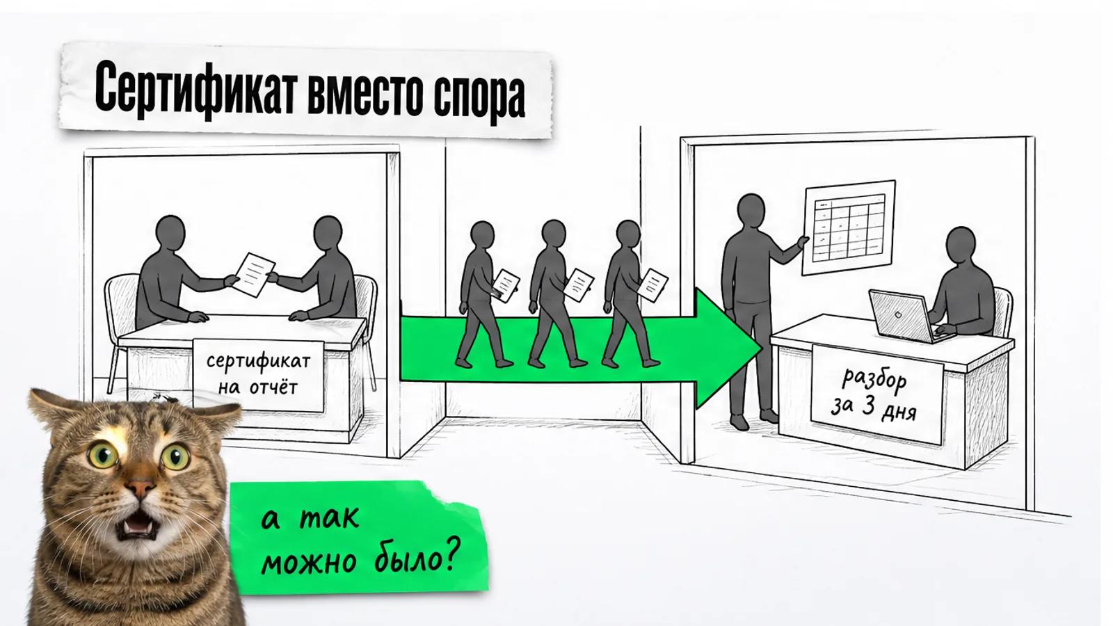Агентство передаёт владельцам сертификаты, зелёная стрелка ведёт их к аналитику, рядом кот с распахнутыми глазами