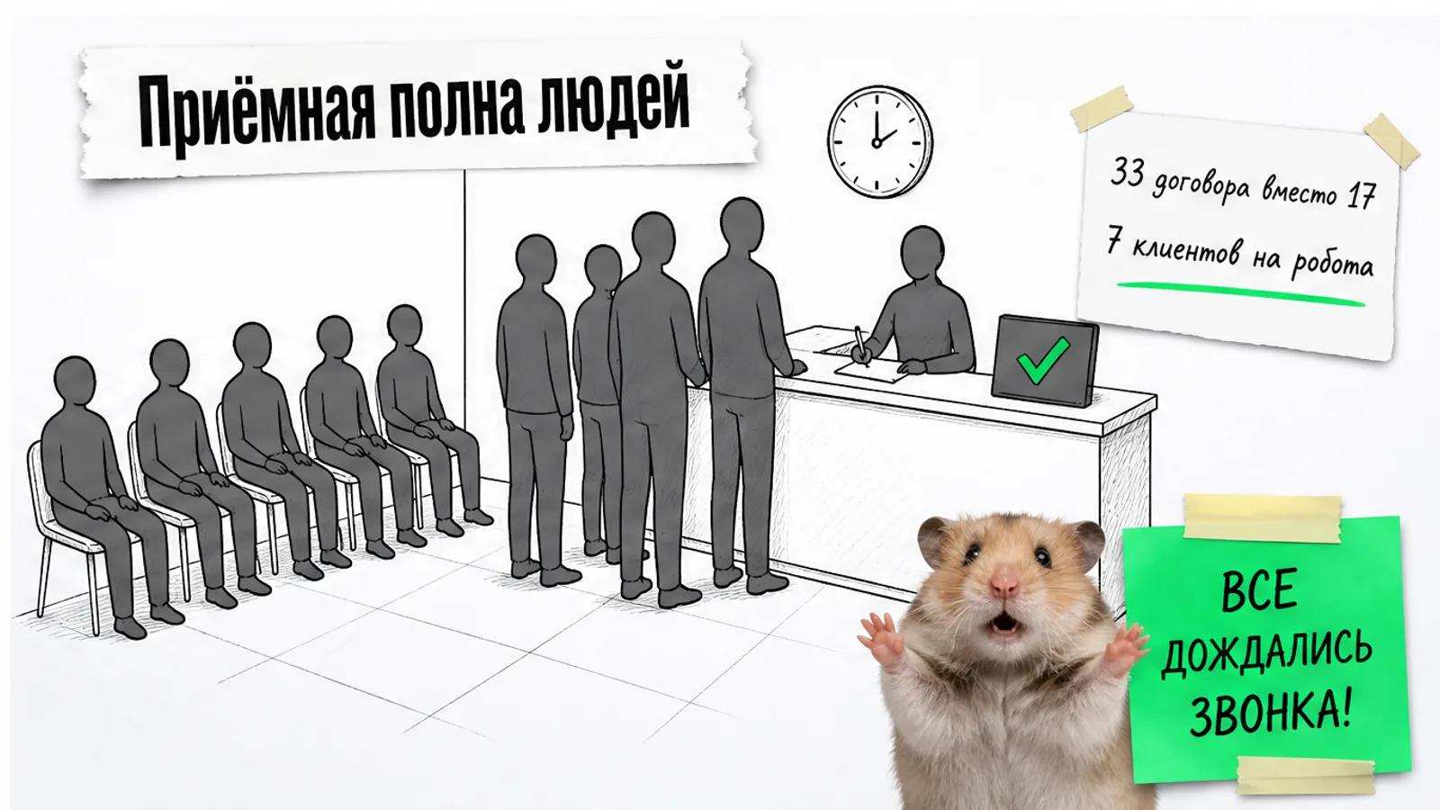 Та же приёмная полна людей, карточка «33 договора вместо 17» и «7 клиентов», рядом хомяк с поднятыми лапами