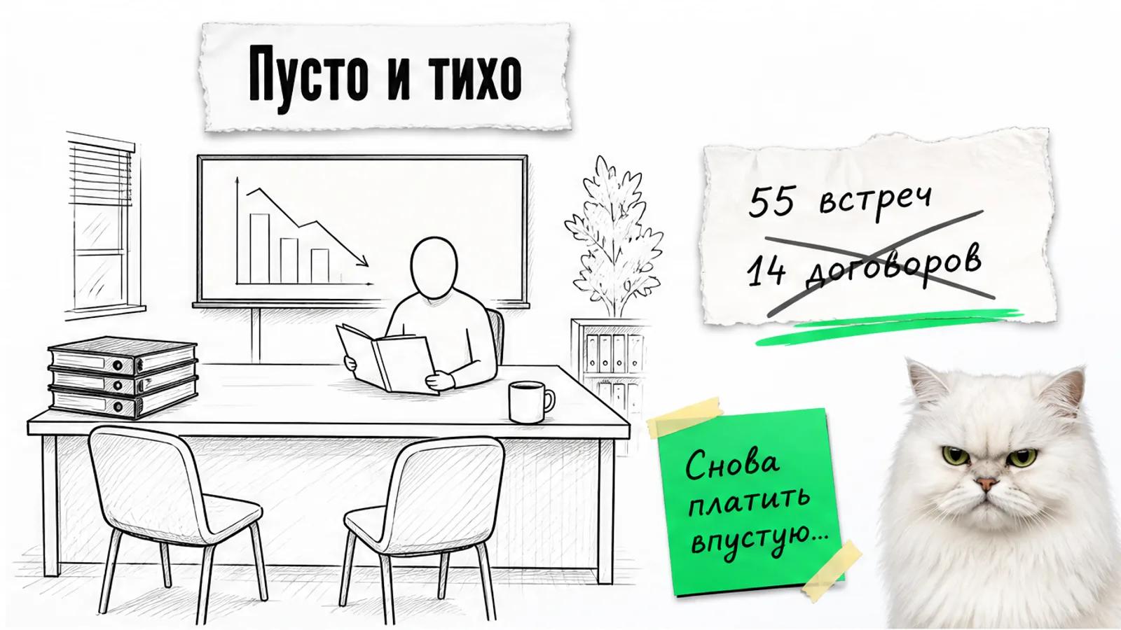 Пустой кабинет консалтинга с одним владельцем, папками и списком старых контактов.
