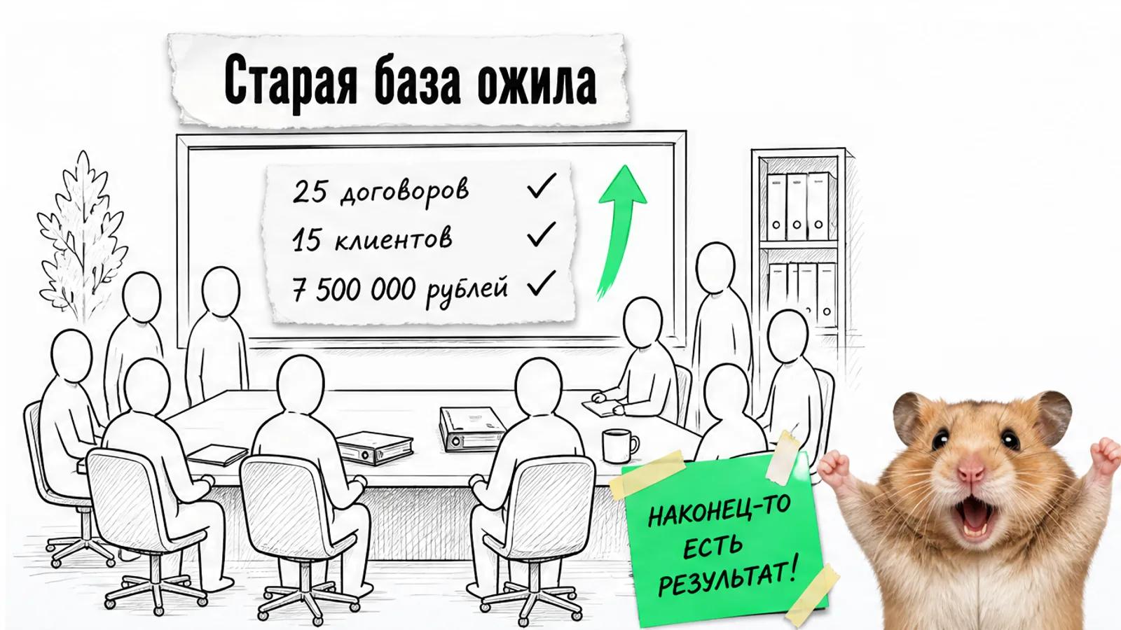 Тот же кабинет теперь полон людей, рядом показаны 25 договоров и 15 клиентов.