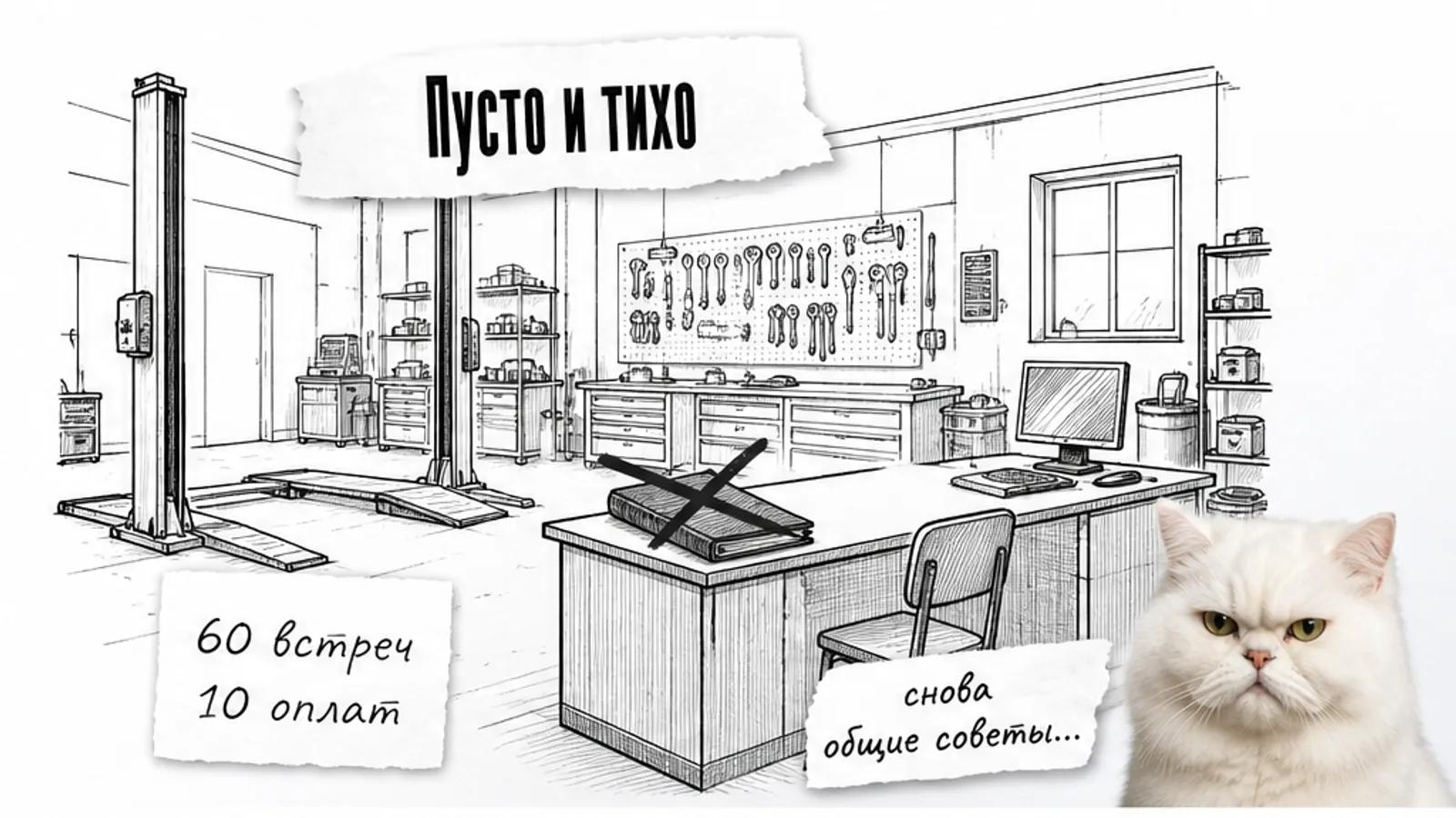 Пустая мастерская с подъёмником и стойкой, рядом скептичный белый кот.