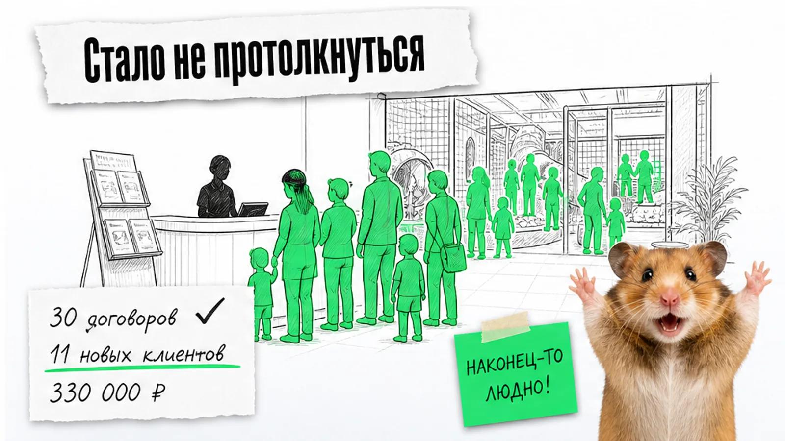 Та же зона кассы заполнена семьями, рядом торжествующий кот и карточка с результатами.