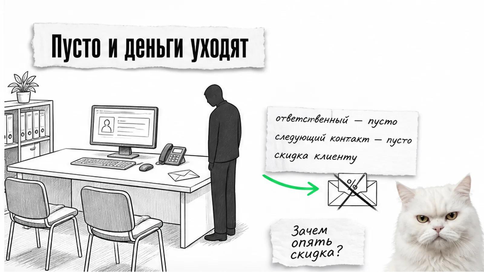 Пустой офис площадки с карточками заявок и одним силуэтом сотрудника.