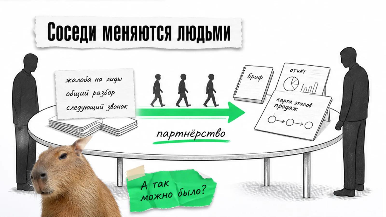 Два соседних бизнеса соединены зелёной стрелкой, по ней идут силуэты людей.