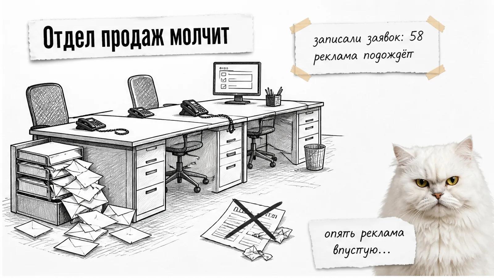 Пустой офис отдела продаж, гора нераспечатанных писем в лотке почты, рядом насупленный белый пушистый кот