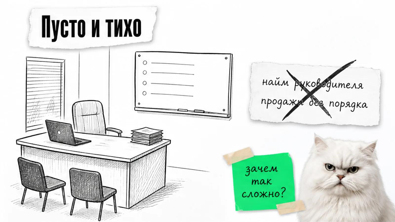 Пустой офис продаж с одним столом, документами и одним силуэтом сотрудника, рядом скептичный кот.