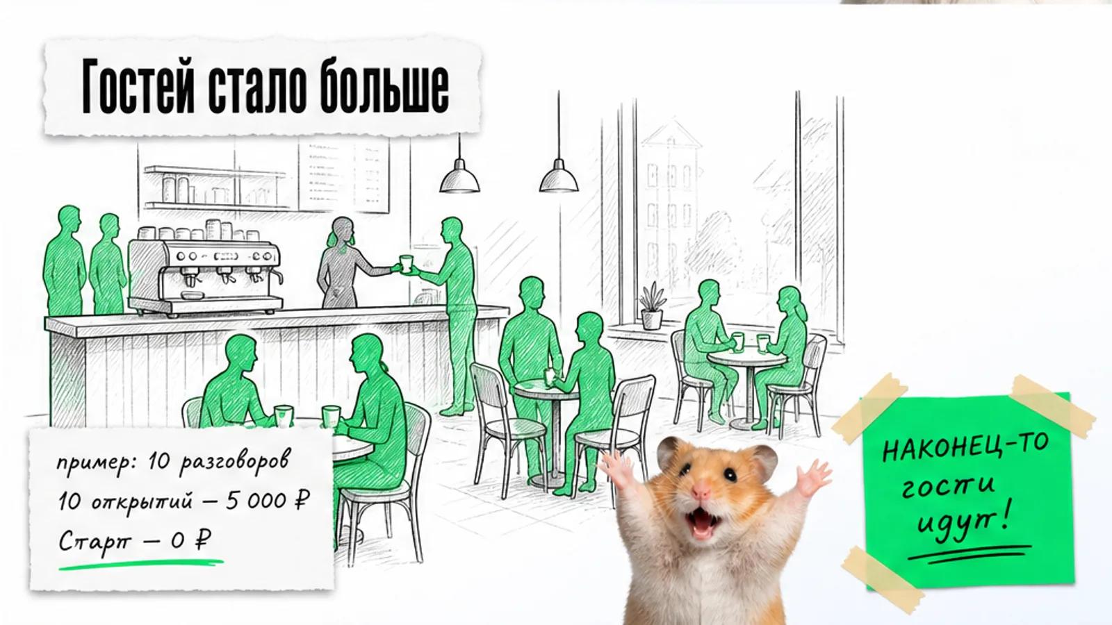 Та же кофейня заполнена посетителями, рядом расчёт на десять разговоров и хомяк с поднятыми лапами.