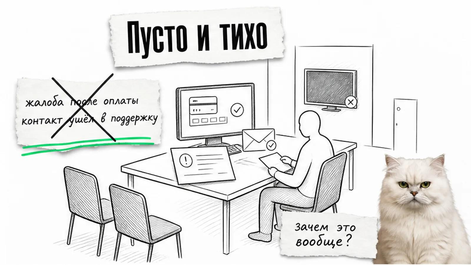 Пустой рабочий угол онлайн-школы с экраном оплаты, жалобой и скептичным пушистым котом.