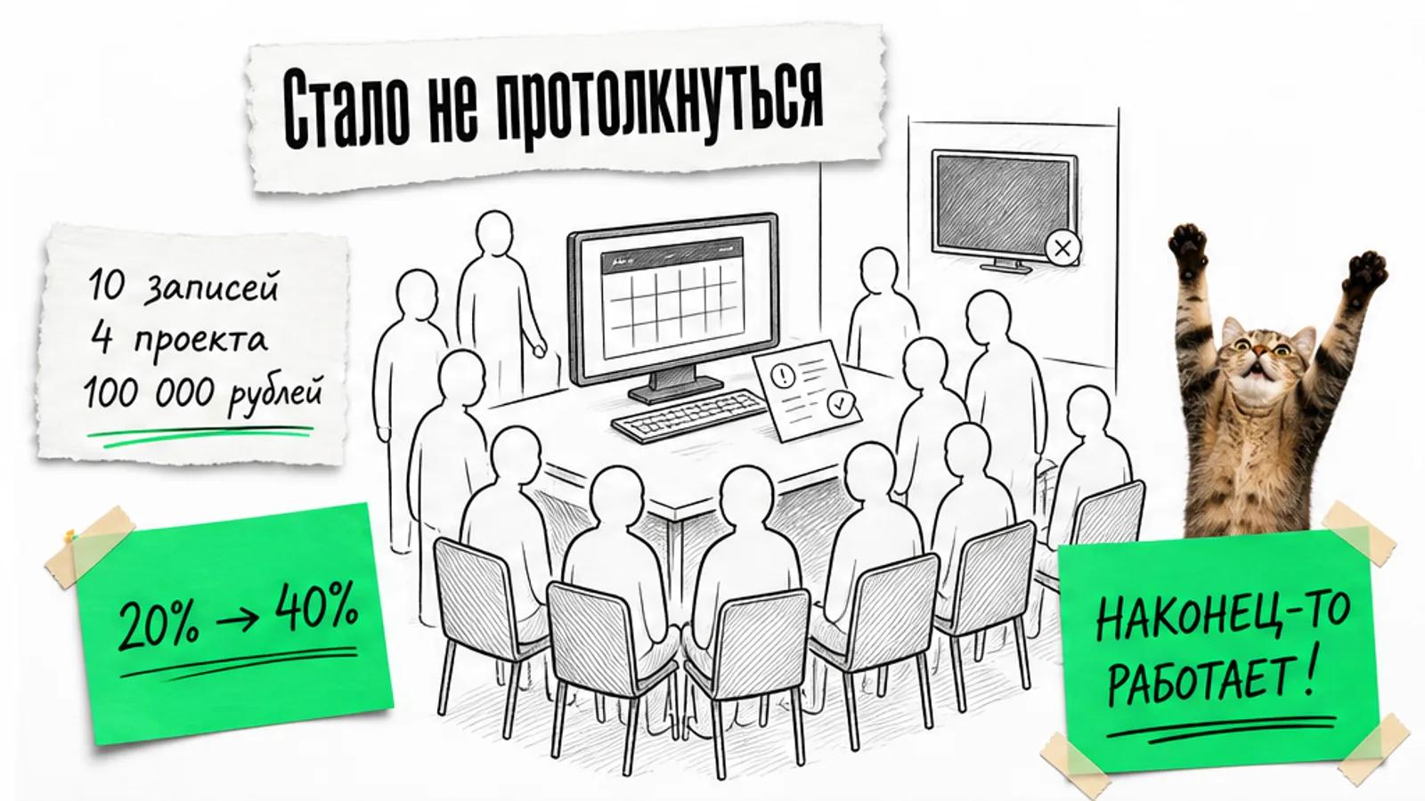 Тот же рабочий угол теперь полон людей, рядом торжествующий кот и карточка с итоговыми числами.