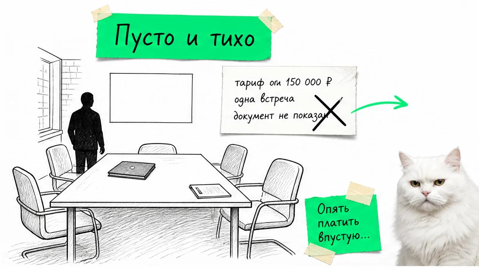 Пустая студия ремонта с одним силуэтом, карточкой дорогого тарифа и скептичным котом.