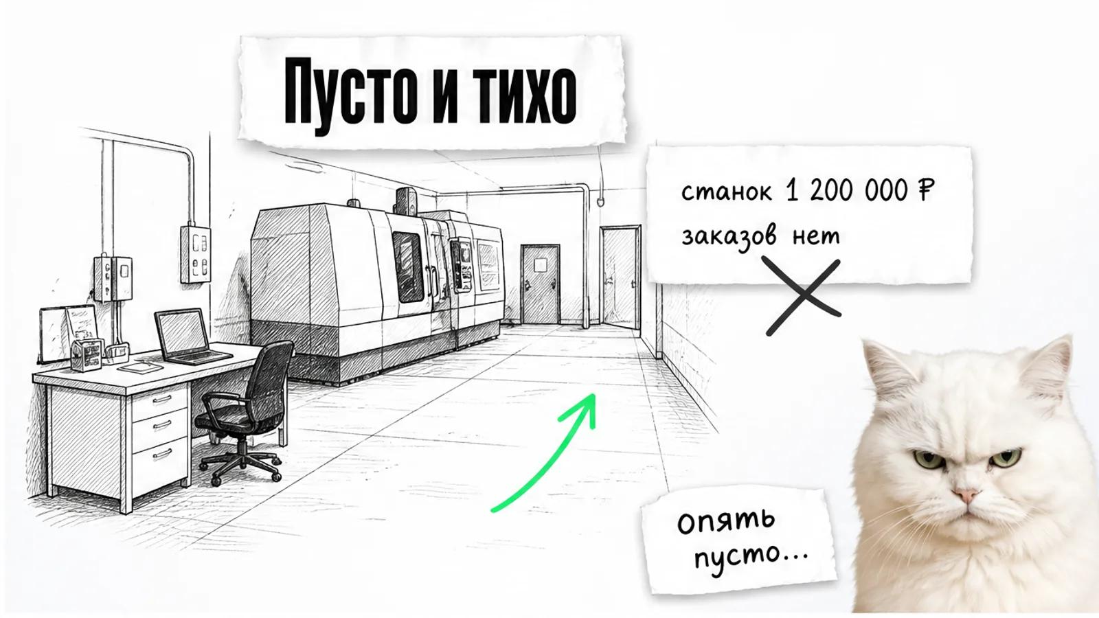 Пустой производственный цех со станком и одним владельцем, рядом кот смотрит скептически.