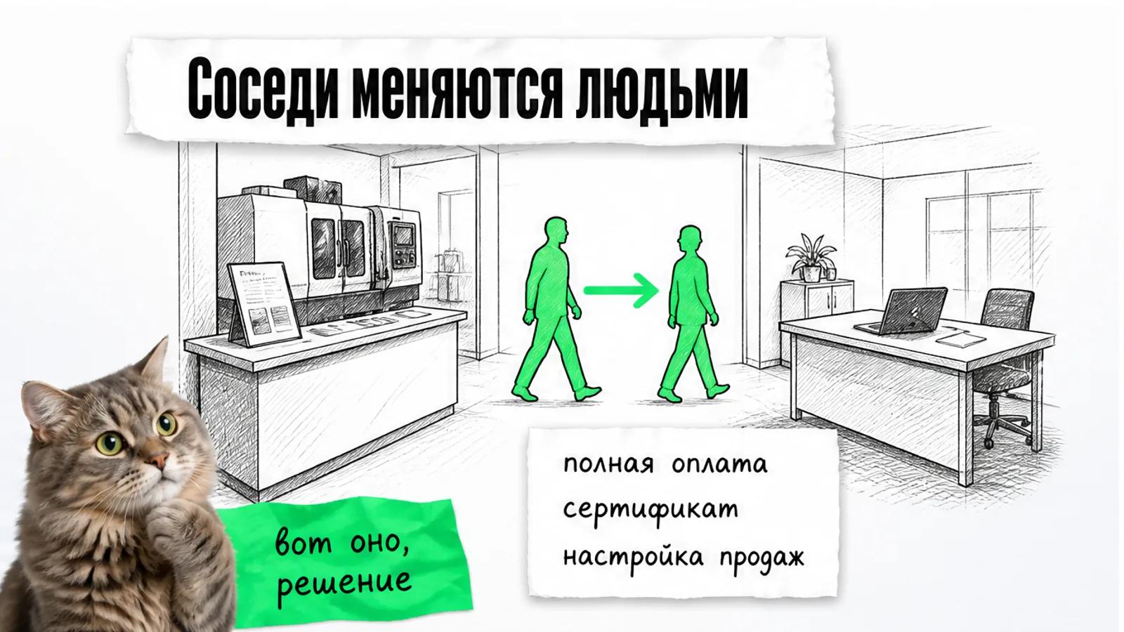 Шоурум оборудования и офис настройки соединены зелёной стрелкой, кот задумчиво смотрит на обмен.