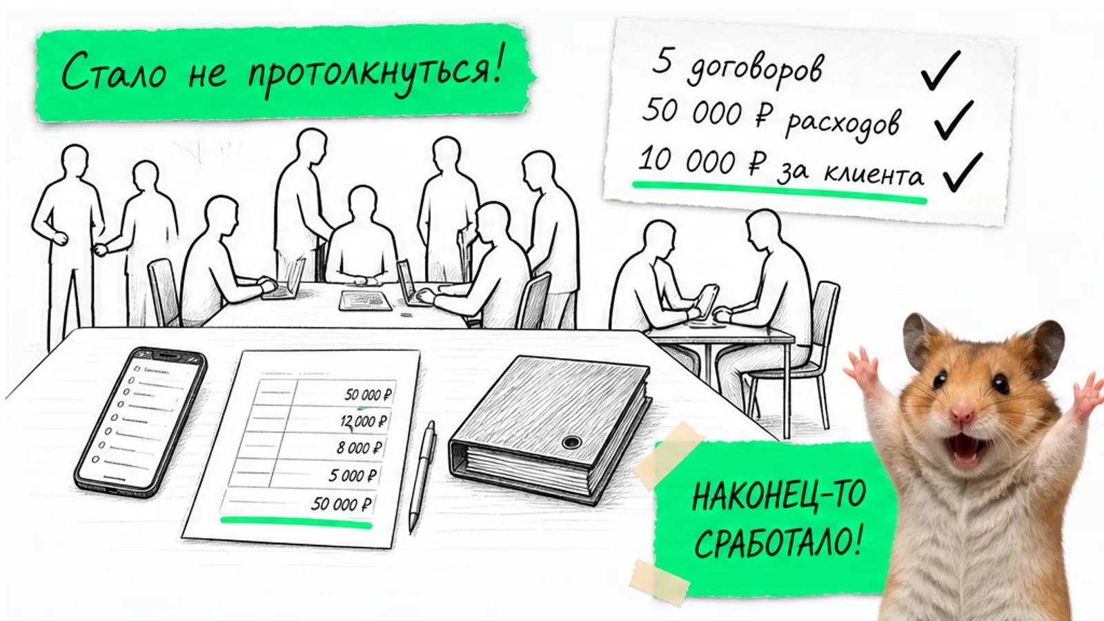 Тот же диспетчерский стол заполнен людьми и карточкой результата: пять договоров и снижение стоимости клиента.