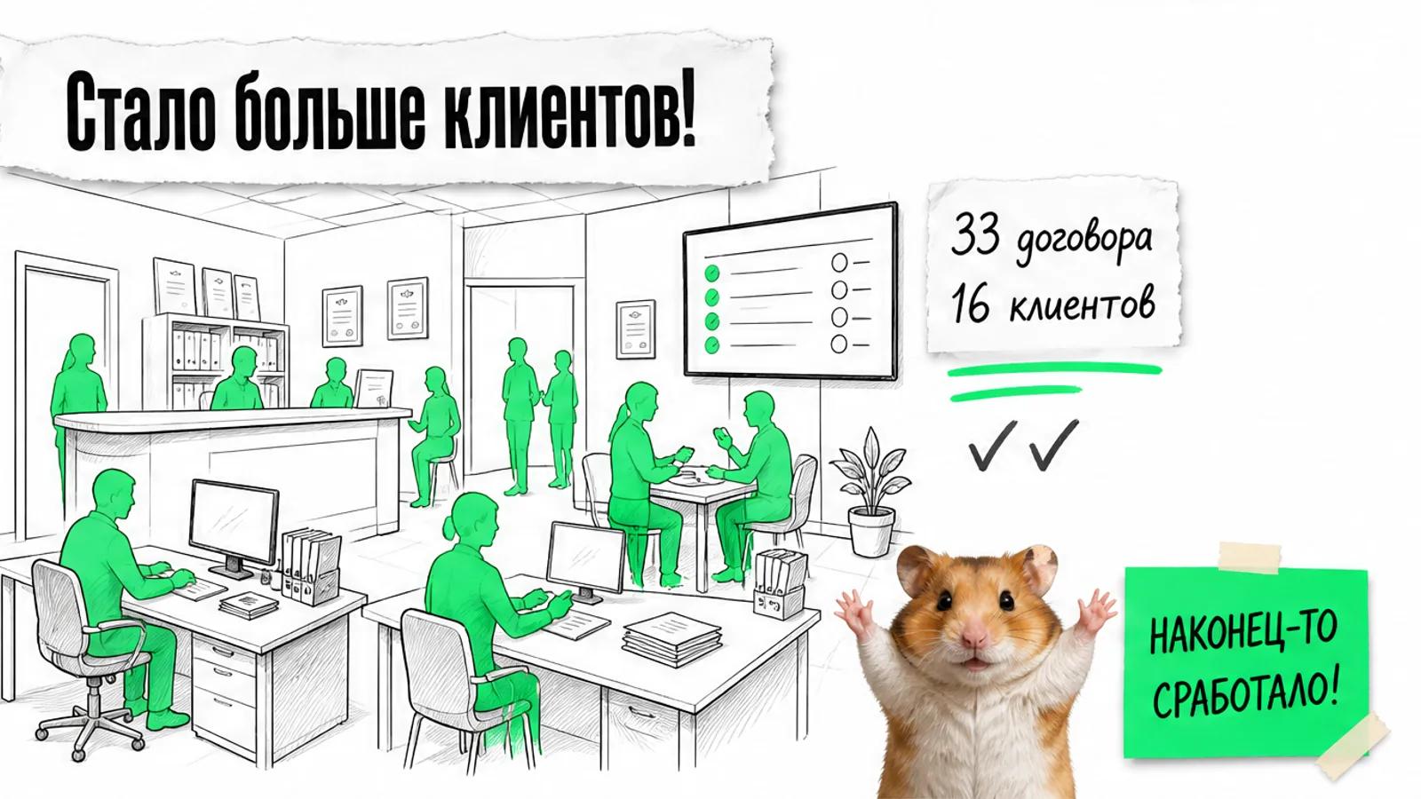 Заполненный сервисный офис с результатами и торжествующим хомяком.