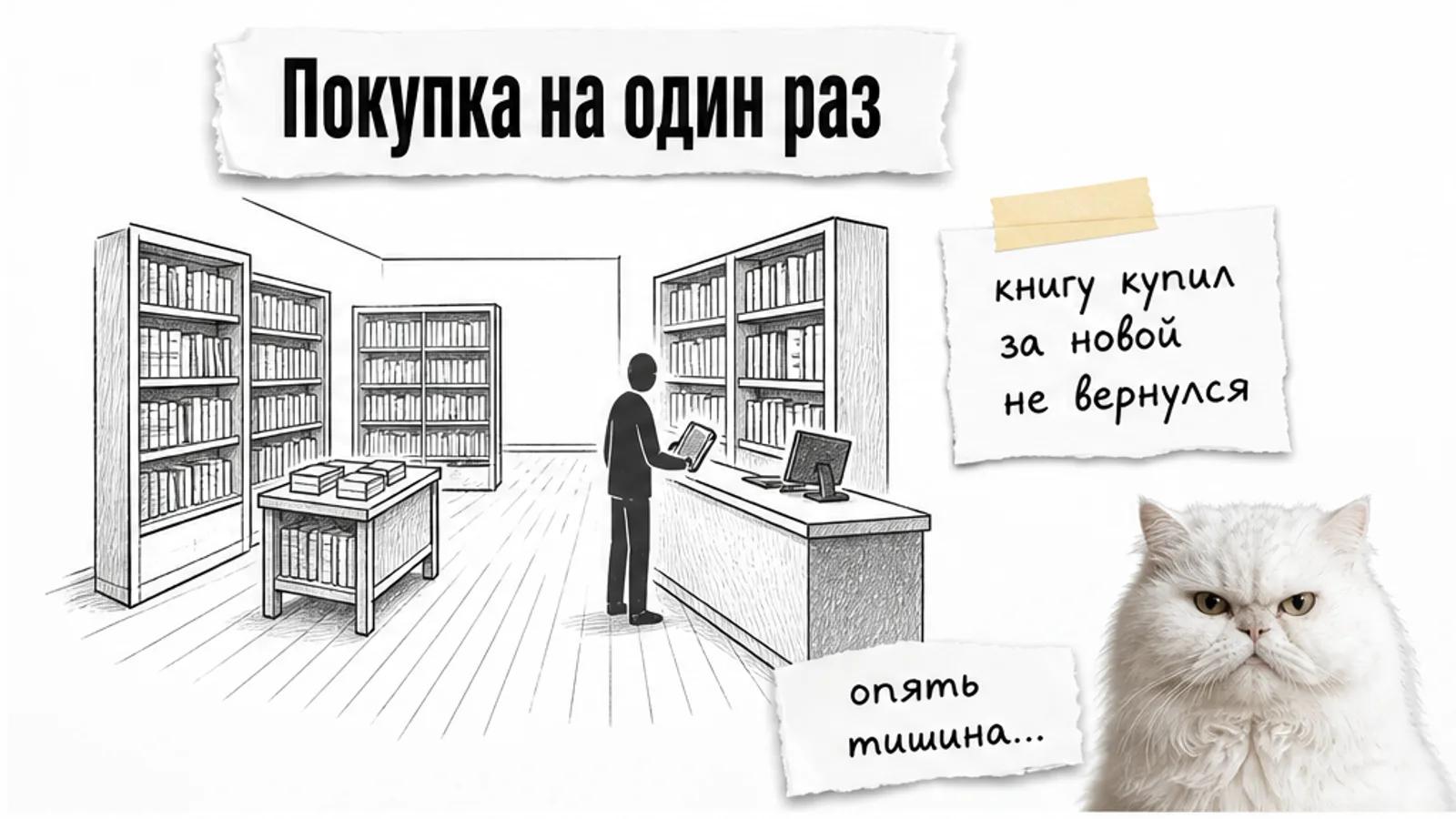 В книжном магазине почти нет покупателей, книга остаётся единственной покупкой.