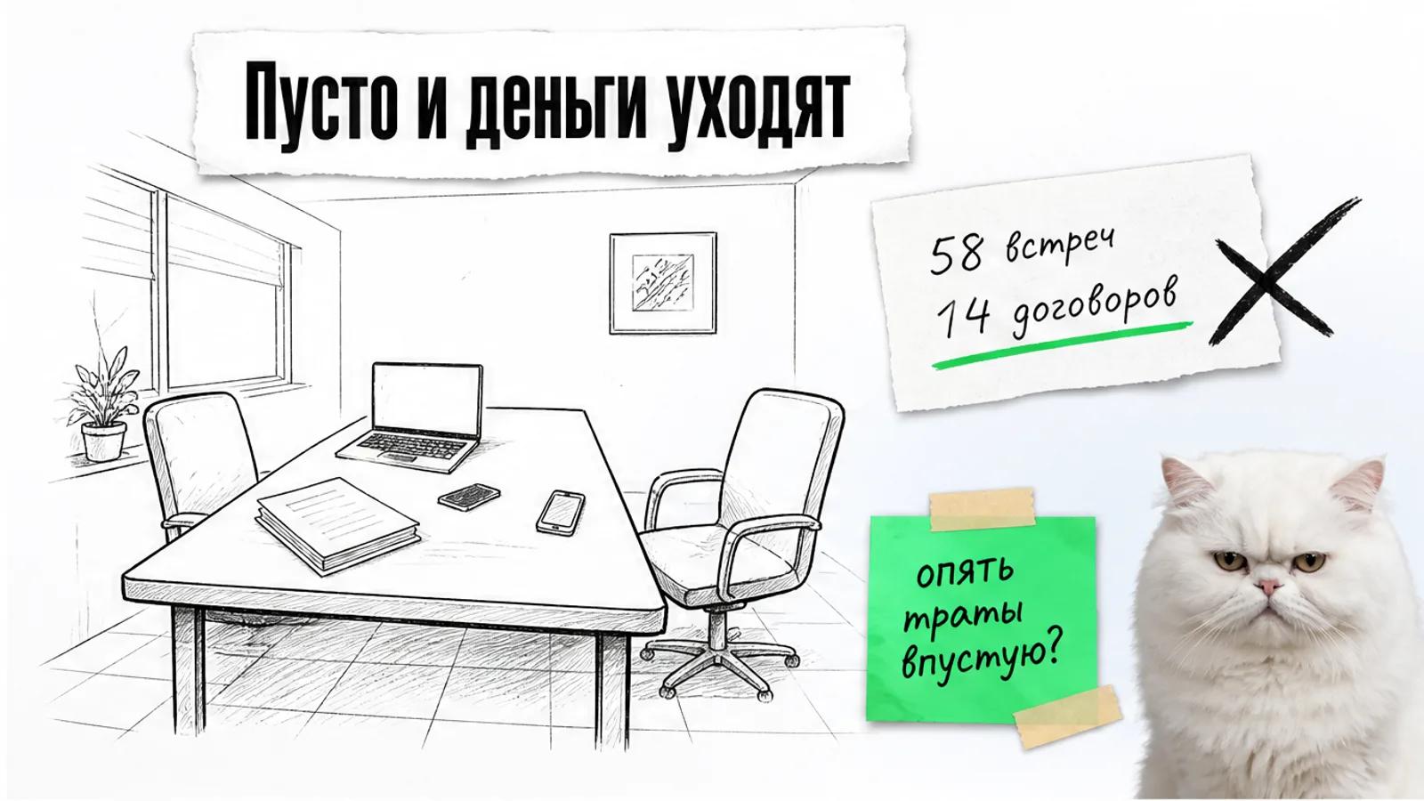 Пустой офисный кабинет с одним столом и креслом, рядом скептичный белый кот.