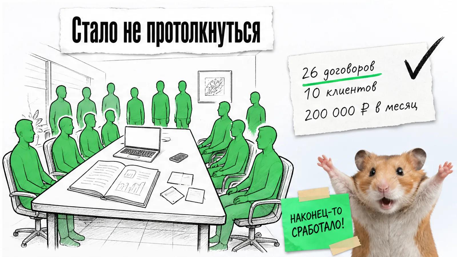 Тот же кабинет теперь заполнен людьми, рядом торжествующий хомяк и карточки с результатами.