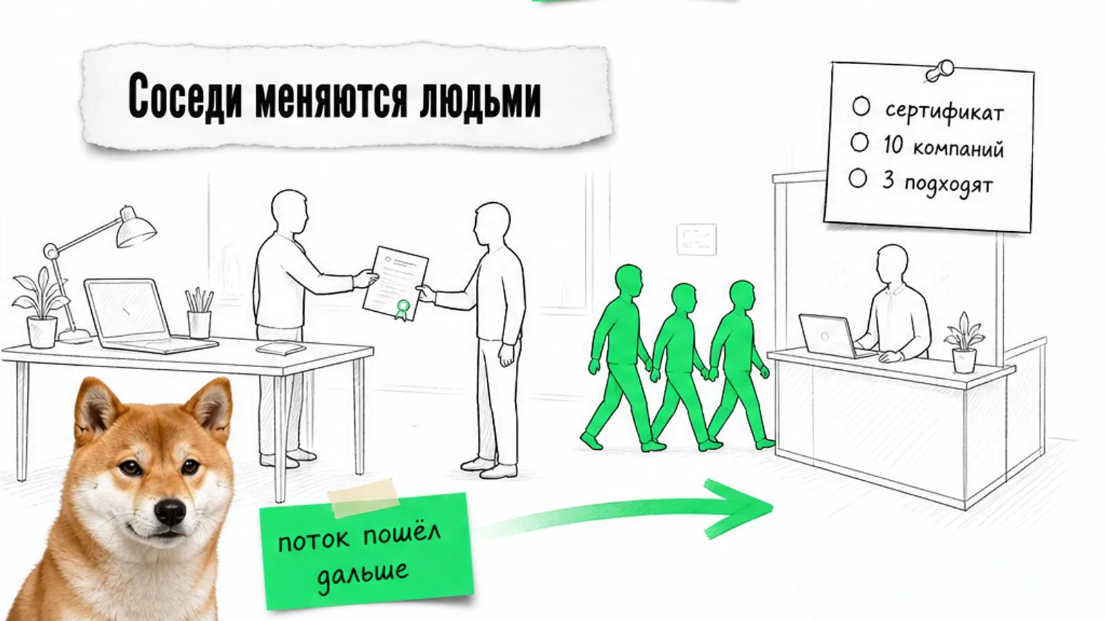 Специалист вручает владельцу сертификат, а поток силуэтов движется к платформе по ярко-зелёной стрелке.