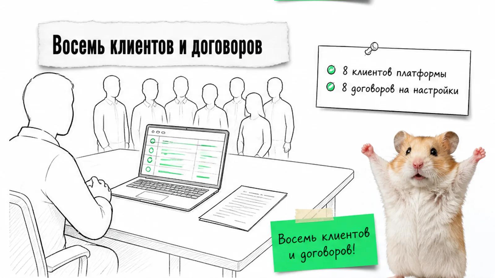Та же видеовстреча теперь заполнена силуэтами людей; рядом указаны 8 клиентов и 8 договоров.