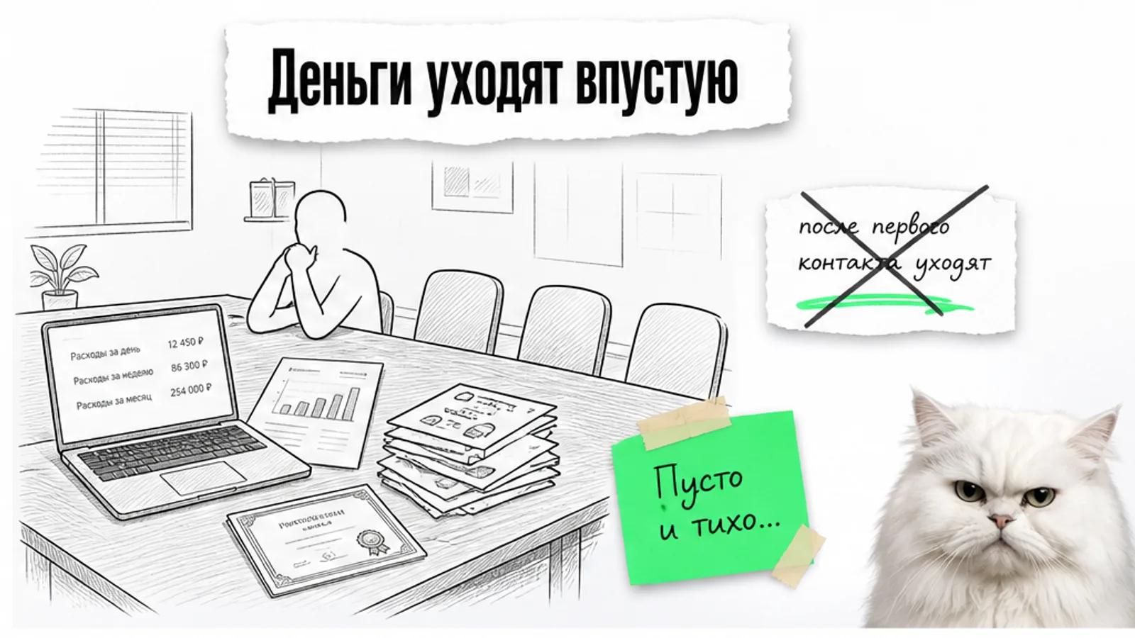 Пустая комната владельца продукта с отчётом, ноутбуком и пустыми стульями, рядом скептичный кот.