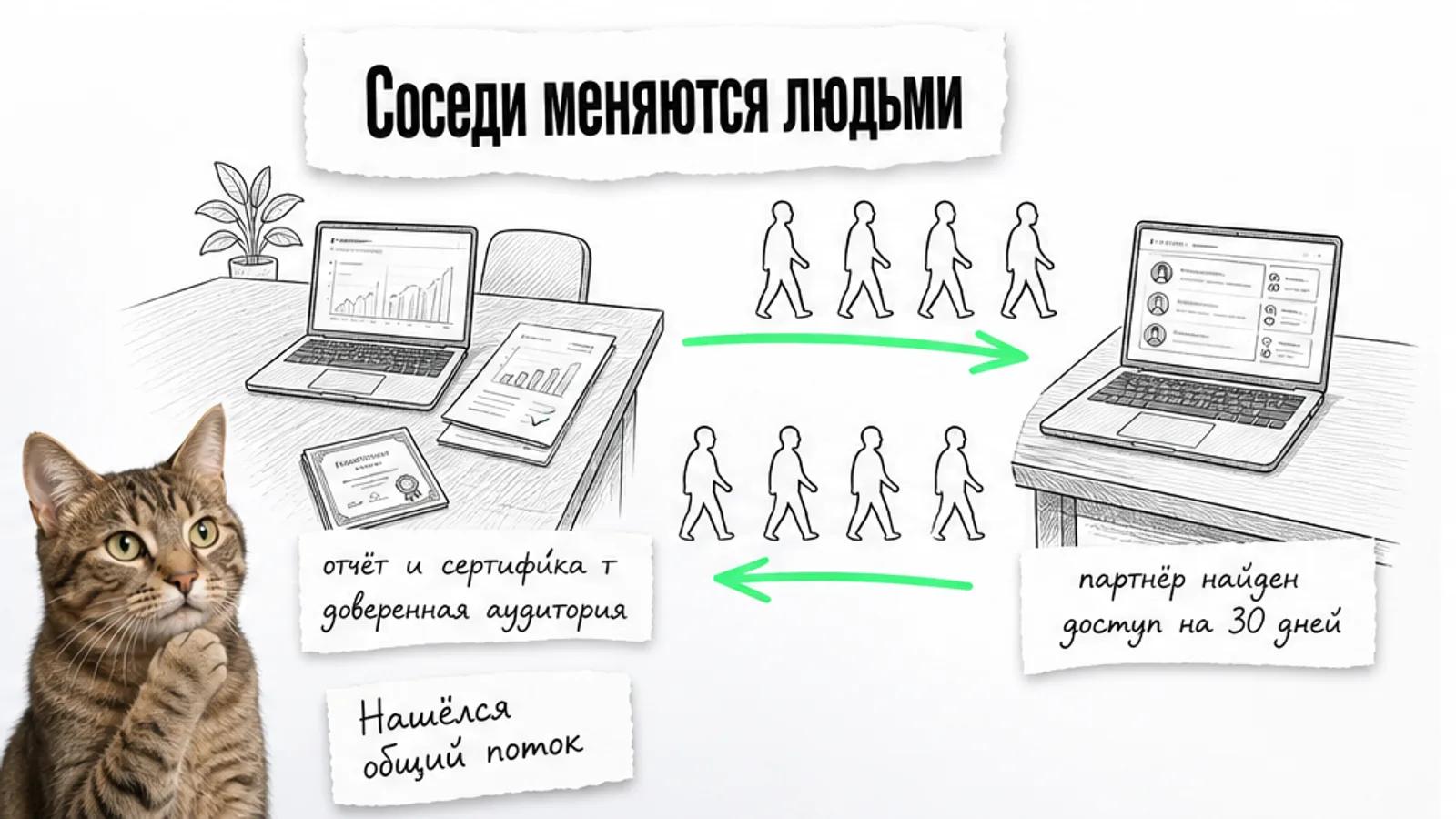 Консультант и платформа обмениваются клиентами между двумя зонами, рядом задумчивый кот.
