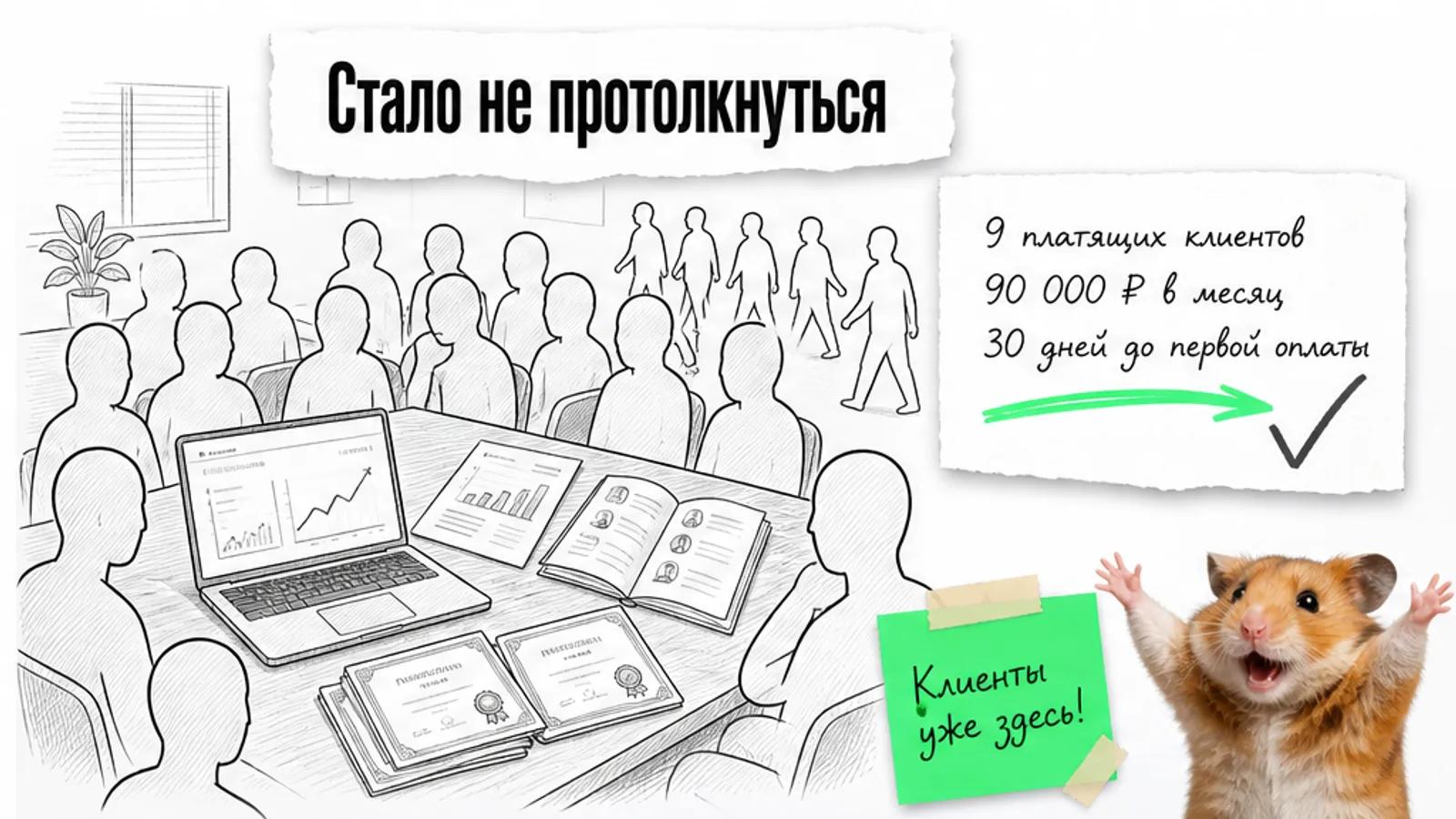 Та же комната заполнена людьми, на карточке указаны девять клиентов и 90 000 рублей, рядом хомяк празднует.