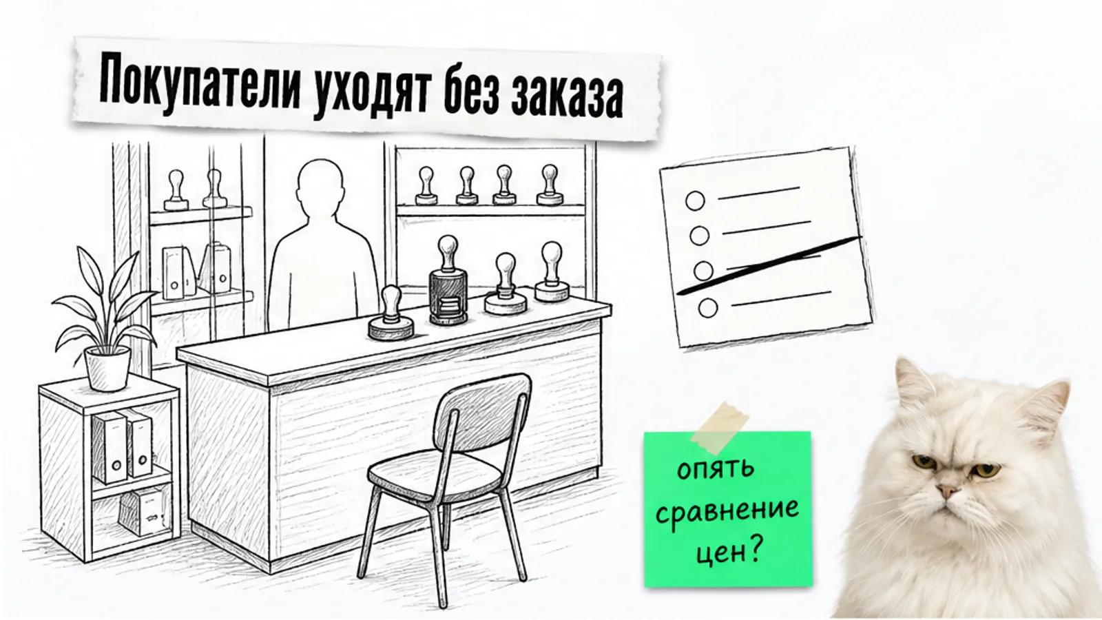 Почти пустая мастерская с прилавком и образцами печатей; рядом скептичный кот.