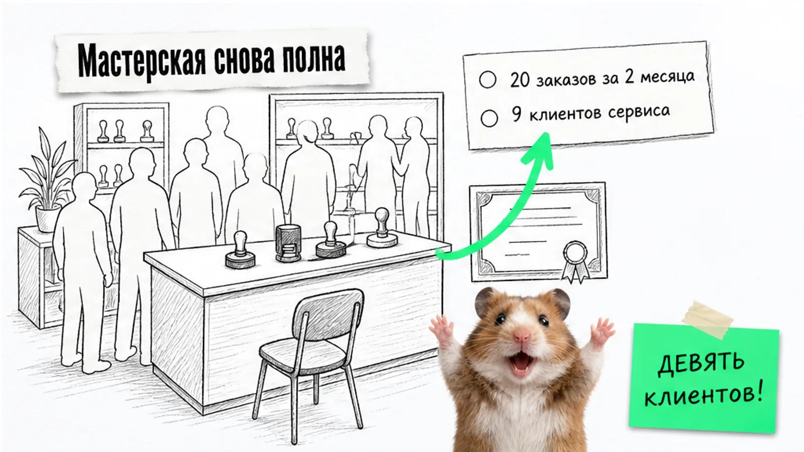 Та же мастерская с прилавком и образцами печатей заполнена силуэтами людей; карточка показывает 20 заказов и 9 клиентов.