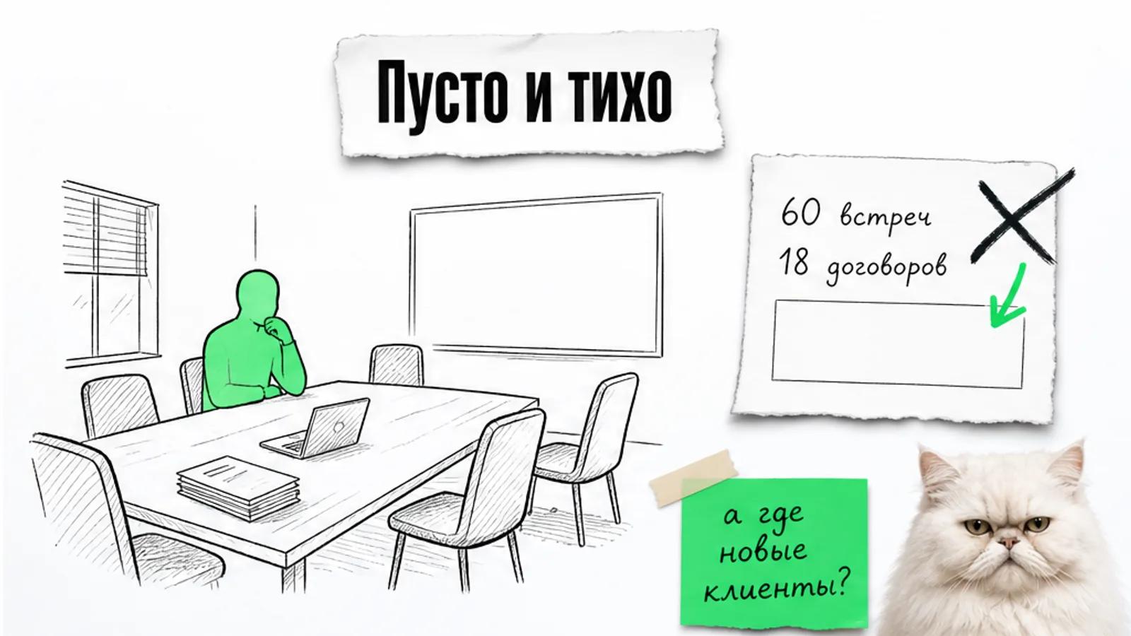Пустая переговорная с одним силуэтом и карточкой расходов, рядом скептичный кот.