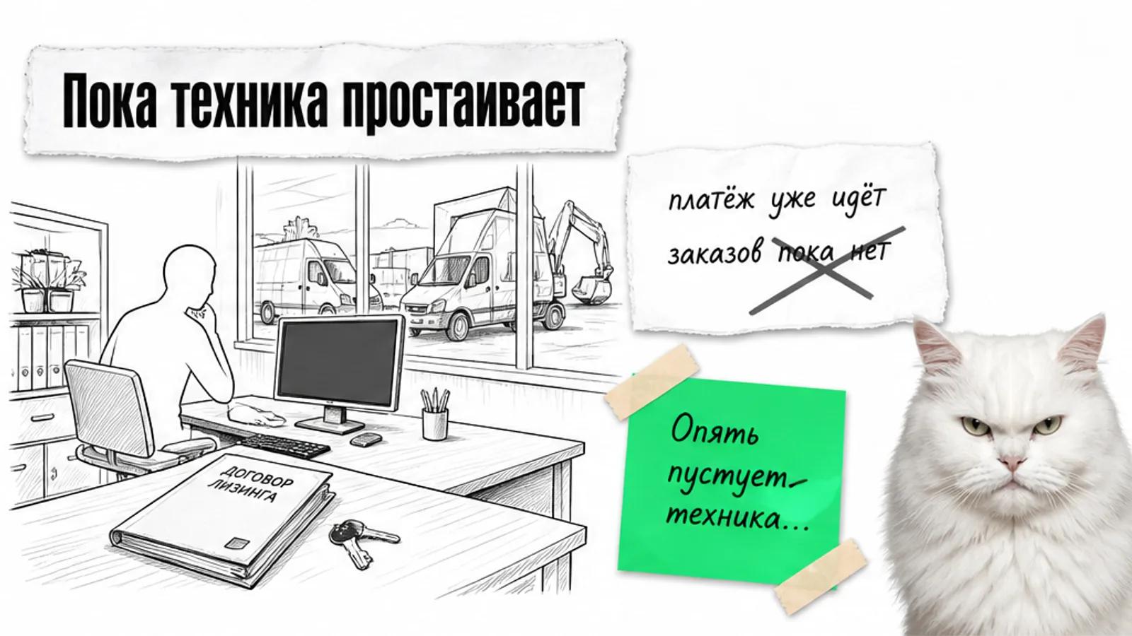 Пустой кабинет с коммерческой техникой и одним силуэтом, рядом скептичный белый кот и зачёркнутая трата.