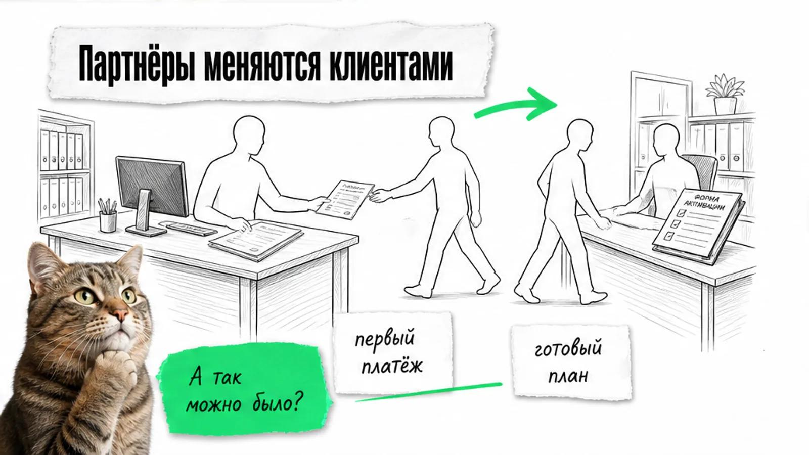 Брокер и сервис передают клиента между двумя точками, ярко-зелёная стрелка показывает поток, рядом задумчивый кот.