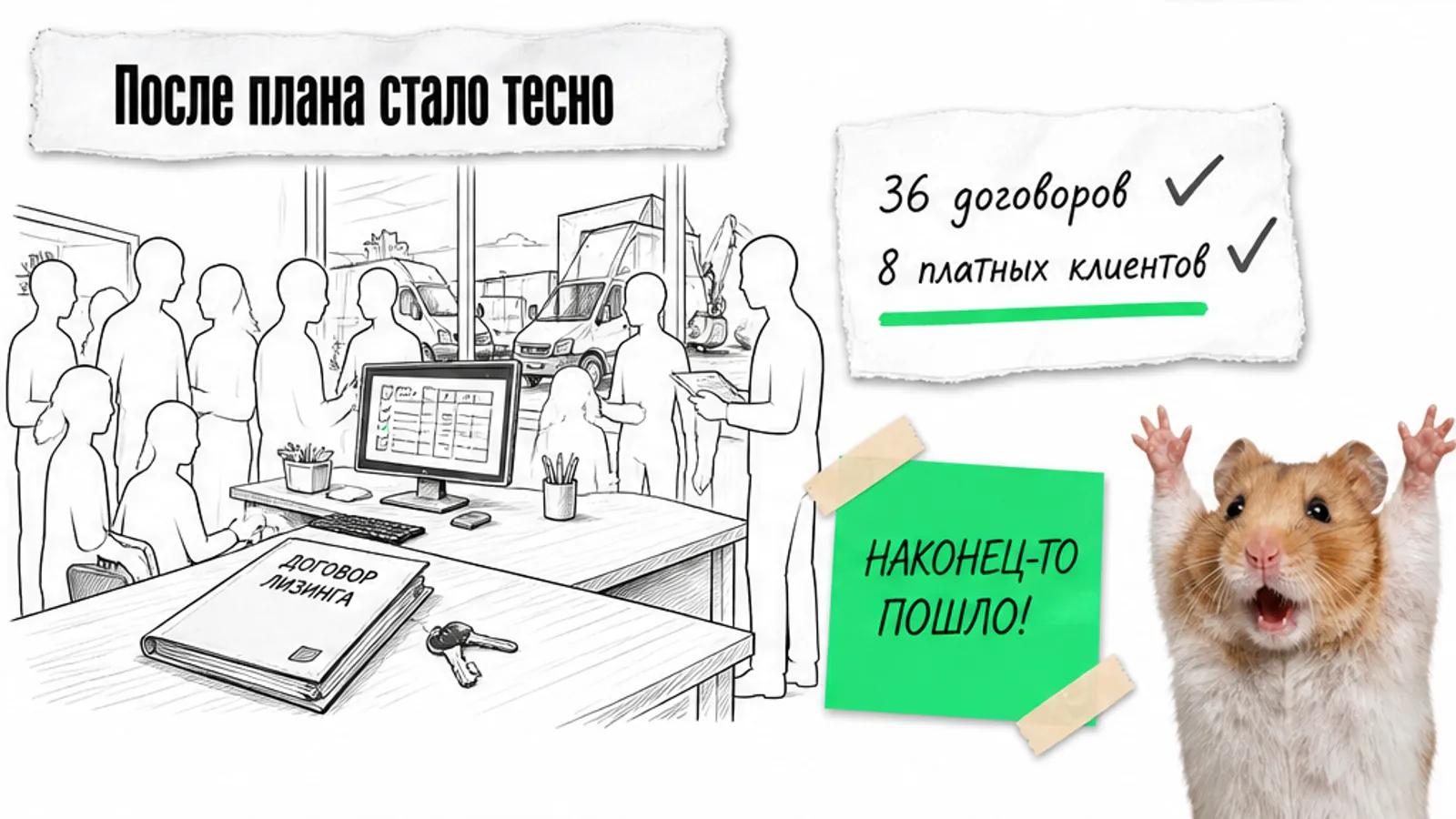 Тот же кабинет теперь заполнен множеством людей, рядом торжествующий кот и карточки с результатами 36 и 8.
