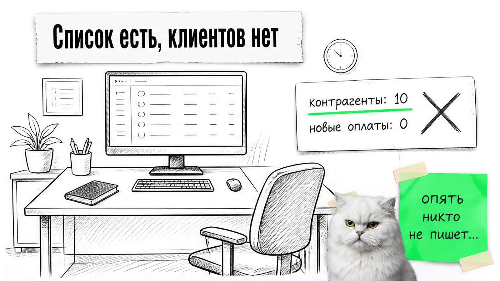 Пустое рабочее место менеджера со списком контрагентов и без новых клиентов.